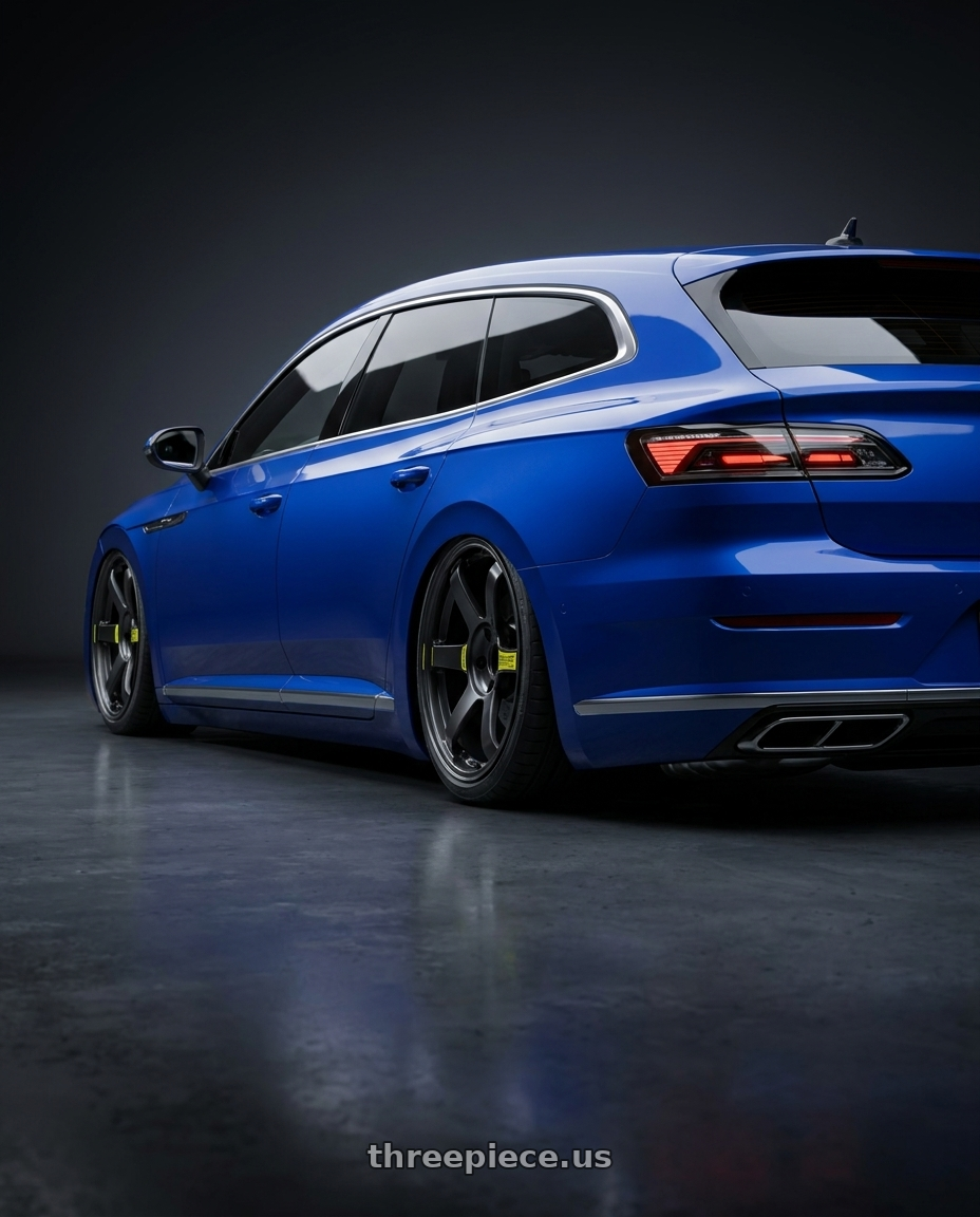 2021 VW Arteon Shooting Brake R with Volk Racing TE37 Saga SL M-Spec 5x114.3 18x9.5+39 Pressed Black wheels rear three quarter view extreme stretch tires
