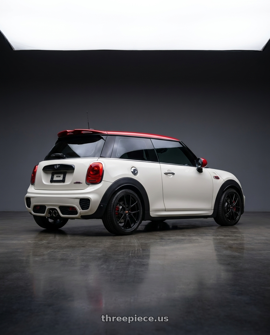 2017 MINI Hatch JCW with BBS RI-A 5x112 18x8.5 +38 Diamond Black wheels rear three quarter view square tires