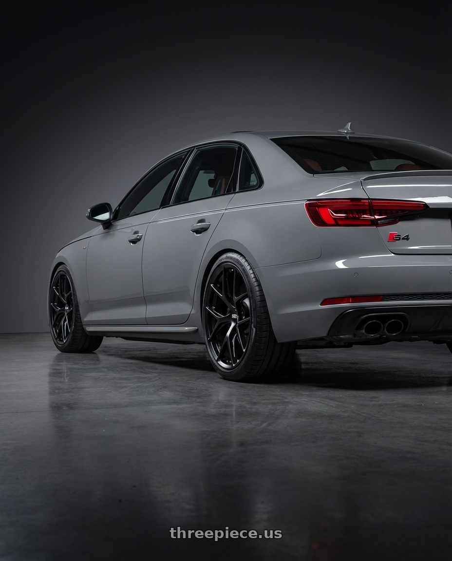 2023 Audi S4 B9 with BBS FI-R Evo 5x112 19x9.5+15 Satin Black wheels rear three quarter view square tires