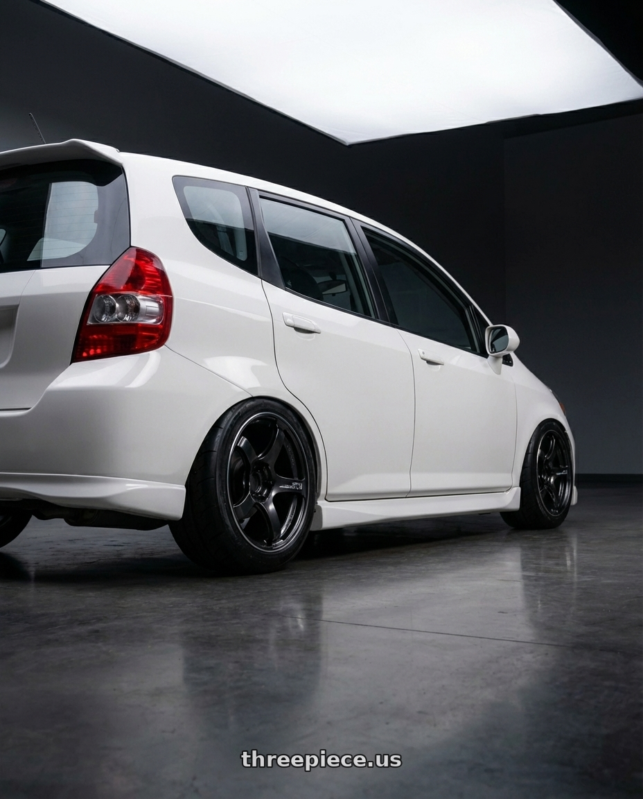 2007 Honda fit  with Advan Racing TC4 4x100 15x8.0 +35 BLACK GUNMETALLIC & RING wheels rear three quarter view meaty tires