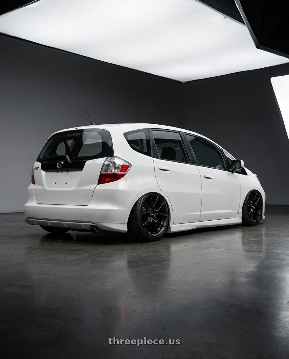 2009 Honda fit ge8 with Rotiform RC199 KPR 5X112 19x8.5 +45 SATIN BLACK wheels rear three quarter view slight stretch tires