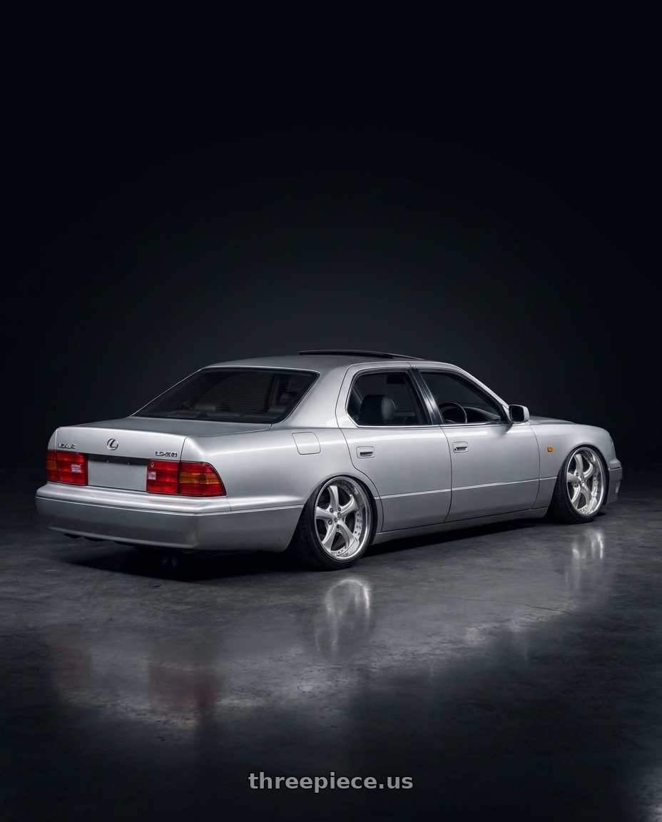 1991 Lexus ls400 with Work Wheels VS-KF 5x114.3 18x8+40 Light Grey Silver A Disk FULL REVERSE wheels rear three quarter view slight stretch tires