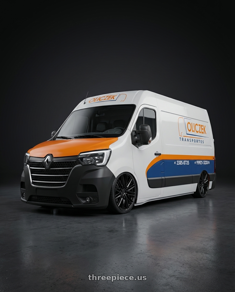 renault master 2020 adesivada with Status ADAMAS 6X120 20X9 +25 GLOSS BLACK wheels front three quarter view slammed stance