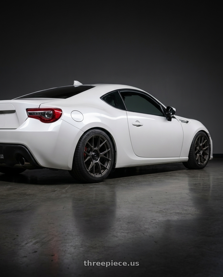 2017 Subaru BRZ with Konig Ampliform 5x100 18x8.5+44 Dark Metallic Graphite wheels rear three quarter view square tires