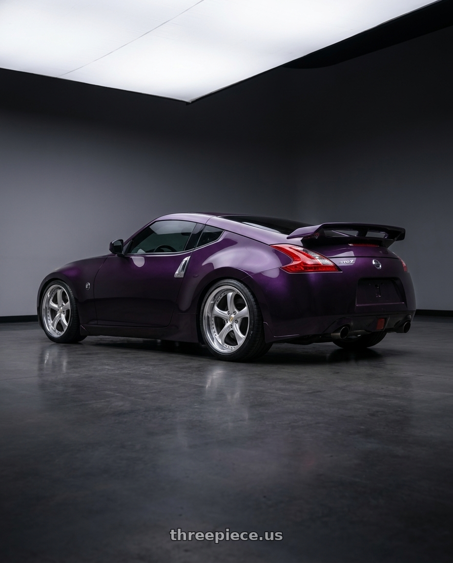 2012 nissan 370z with Work Wheels VS-KF 5x114.3 19x10+15 Light Grey Silver A Disk STEP RIM wheels rear three quarter view square tires