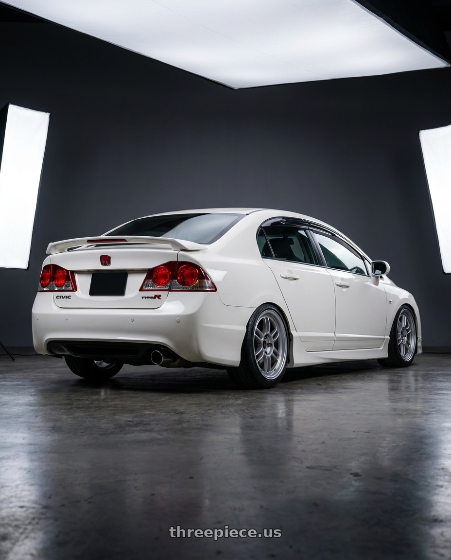 2007 Honda civic type r with Enkei RPF1 5x114.3 18x8.5+30 Silver wheels rear three quarter view square tires