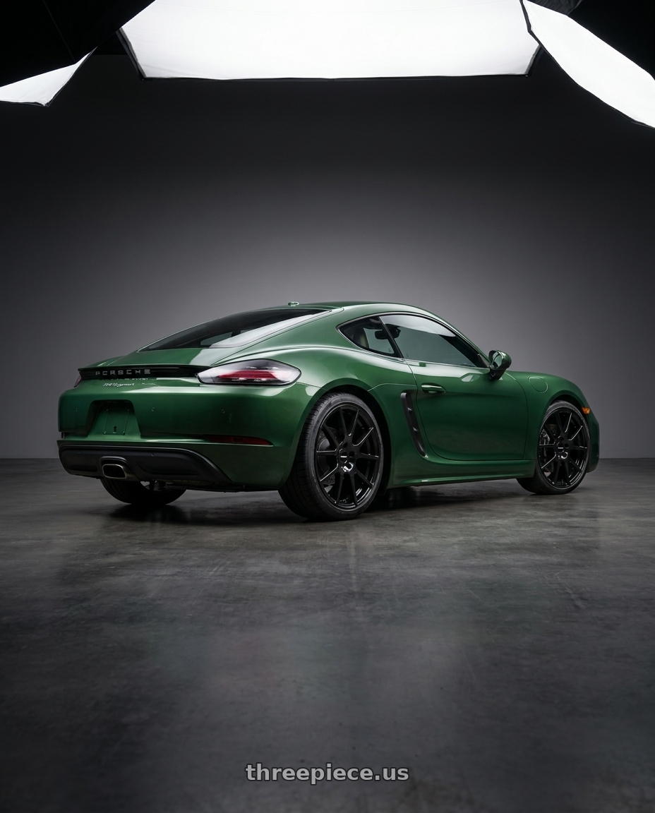 2019 718 Cayman Porsche, Metallic Forest Green with Vision Street-Designs 18 Hellion 4x100 14x5.5+38 Gloss Black wheels rear three quarter view square tires