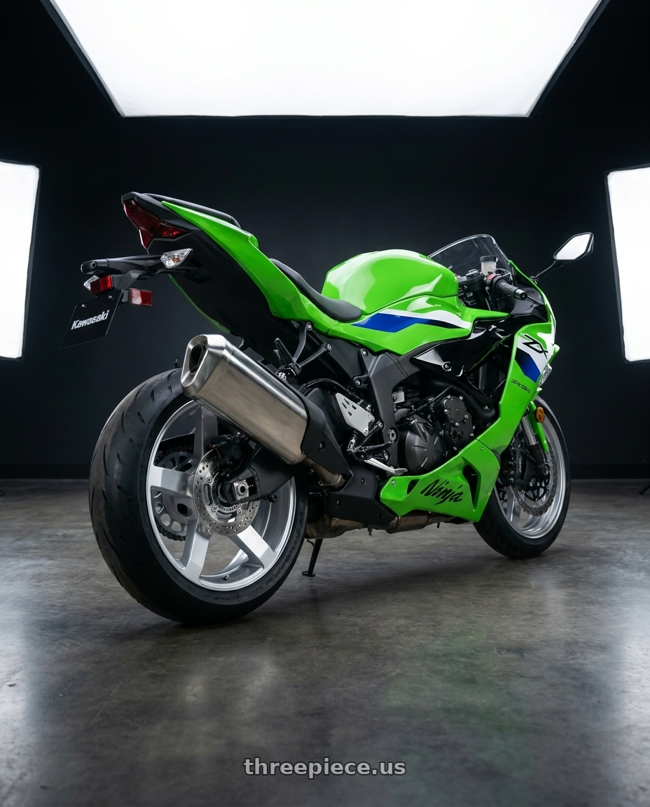 2026 Kawasaki ZX636 with Petrol P3B 5X100 15X6.5 +38 GLOSS SILVER wheels rear three quarter view square tires