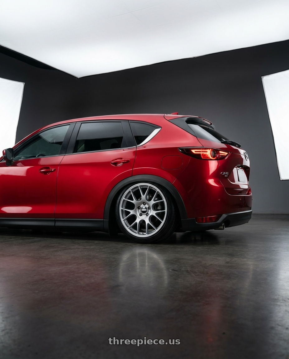2019 Mazda cx5 with BBS CH-R 5x114.3 20x8.5 +38 Brilliant Silver Polished Rim Protector wheels rear three quarter view slight stretch tires