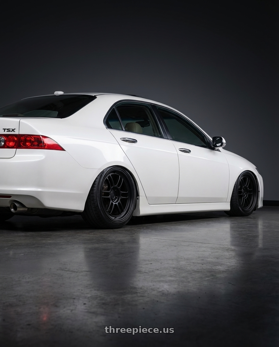 2005 Acura Tsx  with Enkei RPF1 5x114.3 18x8.5+30 Matte Black wheels rear three quarter view slight stretch tires