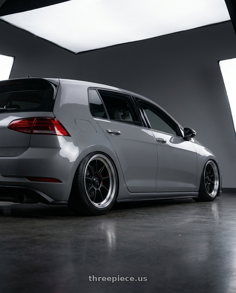 2019 Volkswagen GTI MK7 with Konig Countergram 5x112 19x9.5+30 Matte Black / Matte Machined Lip wheels rear three quarter view slight stretch tires