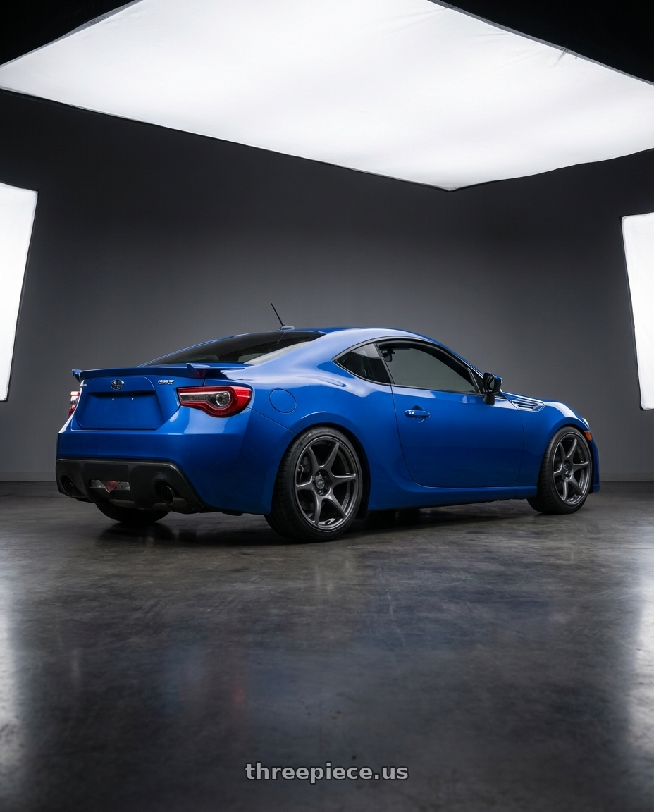 2017 Subaru BRZ with Kansei K11G Tandem 5X100 17x9.5 12 Gunmetal wheels rear three quarter view square tires