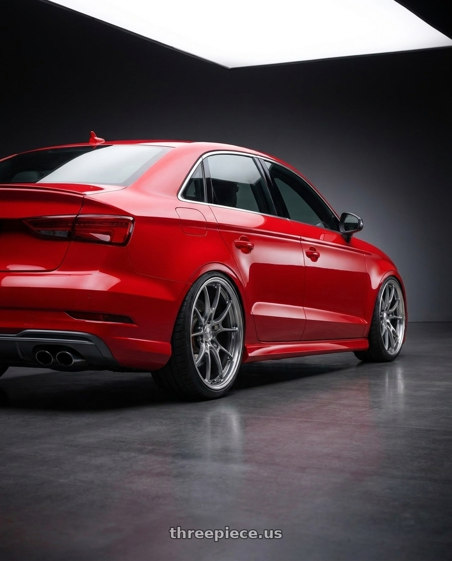 2017 Audi S3 with BBS FS 5x112 19x9.5+45 Diamond Silver wheels rear three quarter view extreme stretch tires