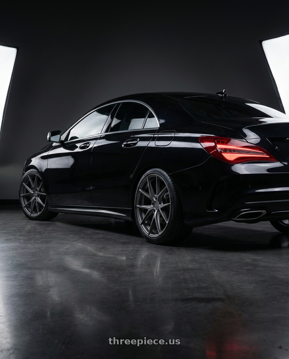 2018 Mercedes-Benz CLA C117 with Niche 1PC M116 MISANO 5X112 19X9.5 +35 MATTE GUN METAL wheels rear three quarter view square tires