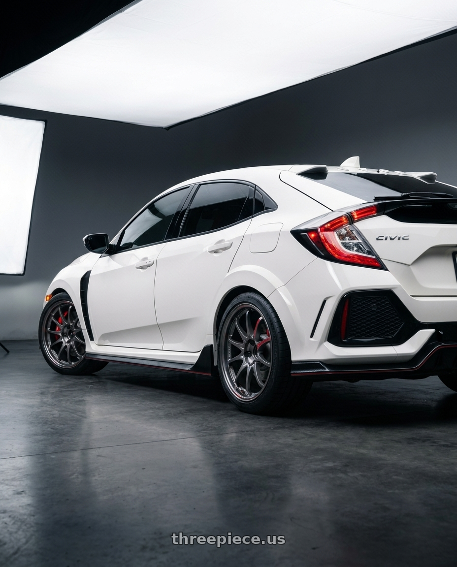 2020 honda civic type r with Volk Racing CE28SL 5x114.3 18x9.5+45 wheels rear three quarter view square tires