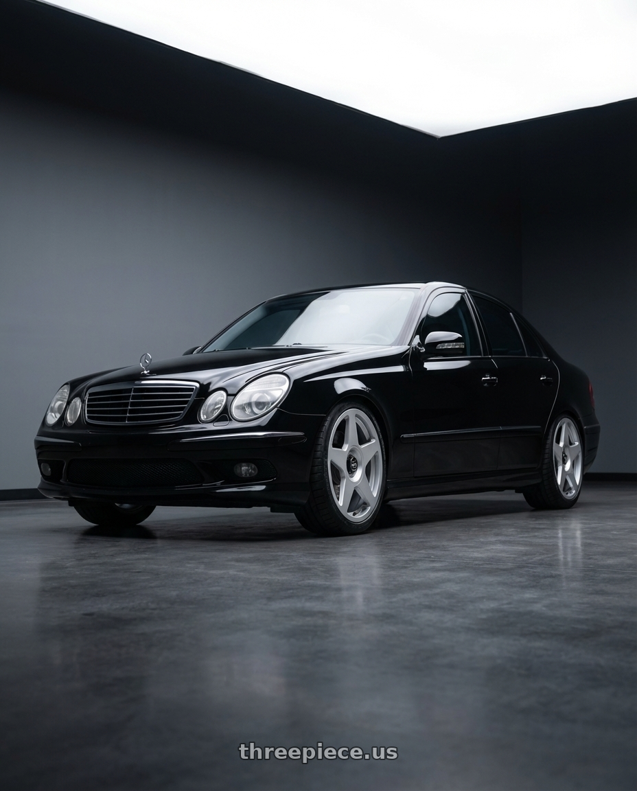 Mercedes E280 W211 2007 with fifteen52 TARMAC EVO 5x108 / 5x112 18x8.5 +45 SPEED SILVER (GLOSS SILVER) wheels front three quarter view lowered stance