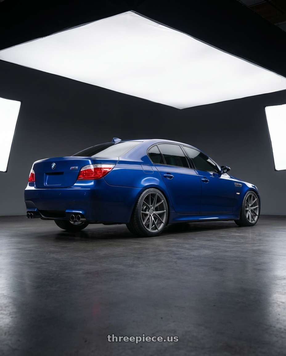 2010 BMW M5 E60 with Niche 1PC M116 MISANO 5X120 19X8.5 +35 MATTE GUN METAL wheels rear three quarter view square tires