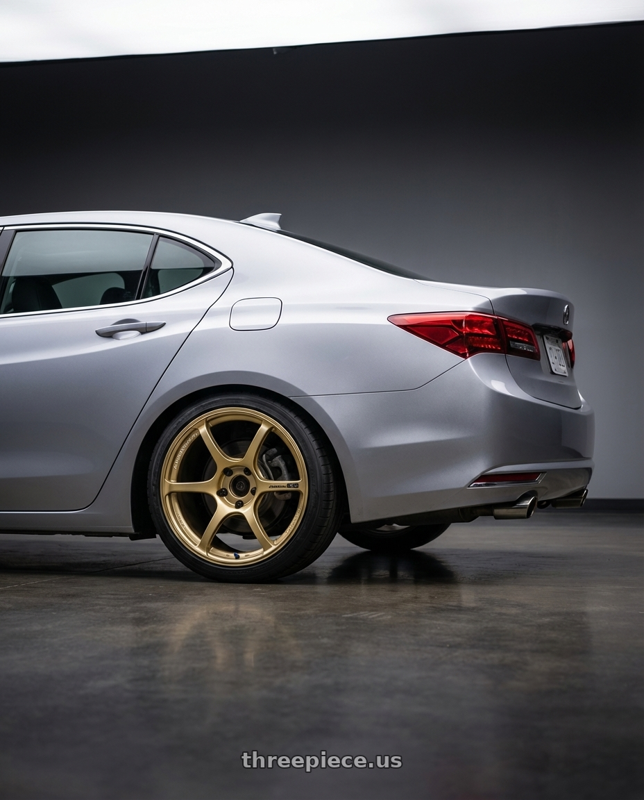 2019 Acura TLX with Advan RGIII 5x114.3 19x9.0+25 Gold wheels rear three quarter view square tires
