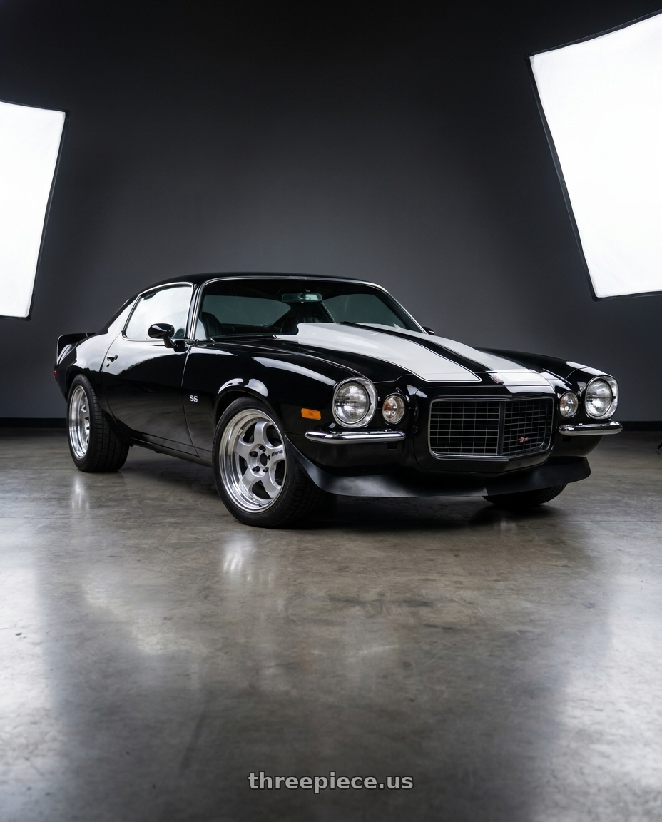 1971 Chevrolet Camaro SS Black with Work Meister S1 2P 5x114.3 15x7.5+22 R Disk Silver wheels