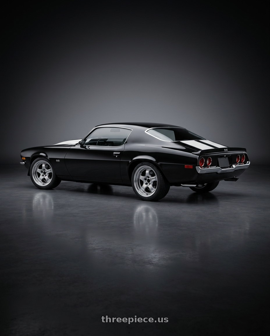 1971 Chevrolet Camaro SS Black with Work Meister S1 2P 5x114.3 15x7.5+22 R Disk Silver wheels rear three quarter view square tires