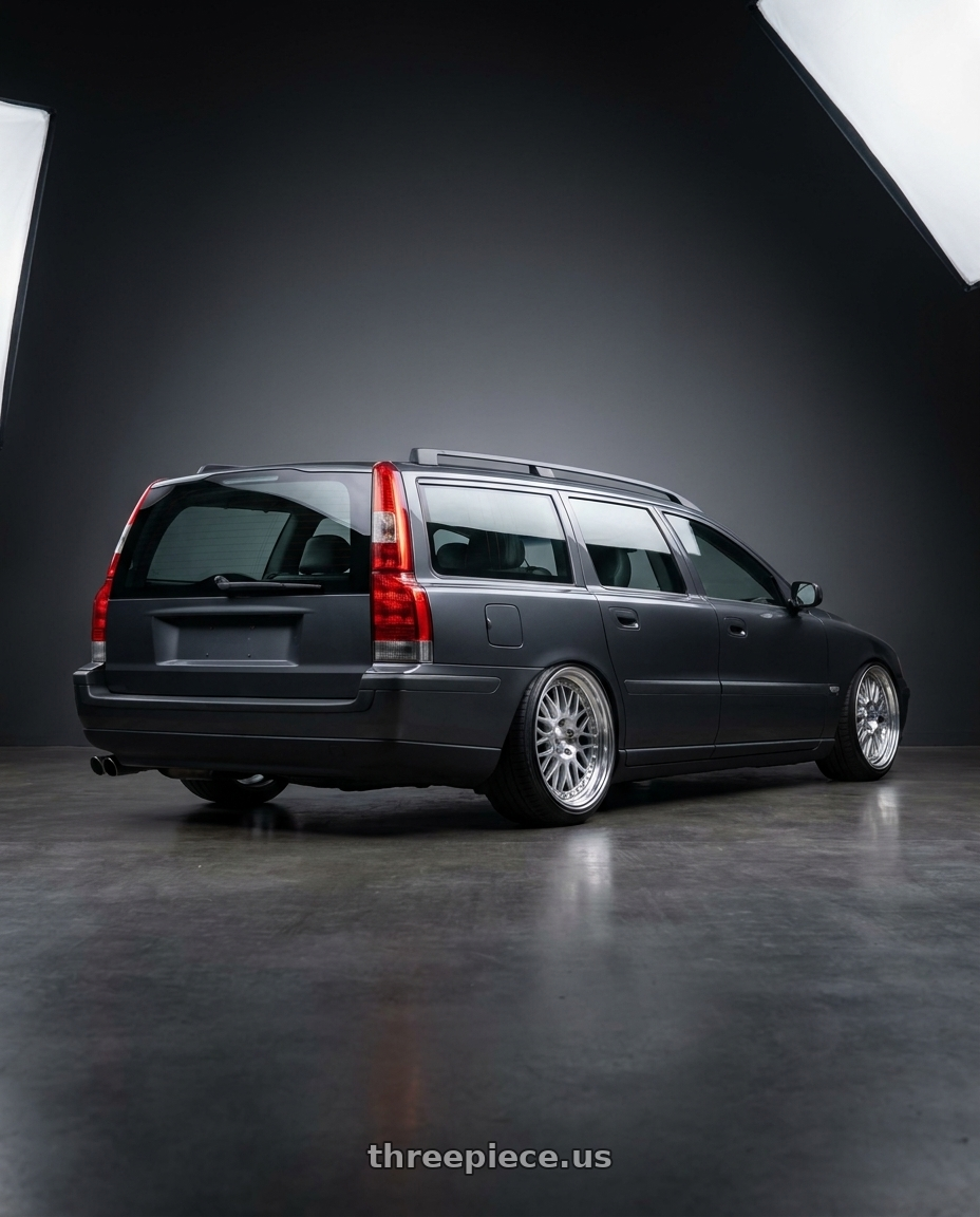 2008 Volvo v70 with Work Gran Seeker Ccx 5x108 19x10+26 O Disk Machined Silver Polish wheels rear three quarter view slight stretch tires