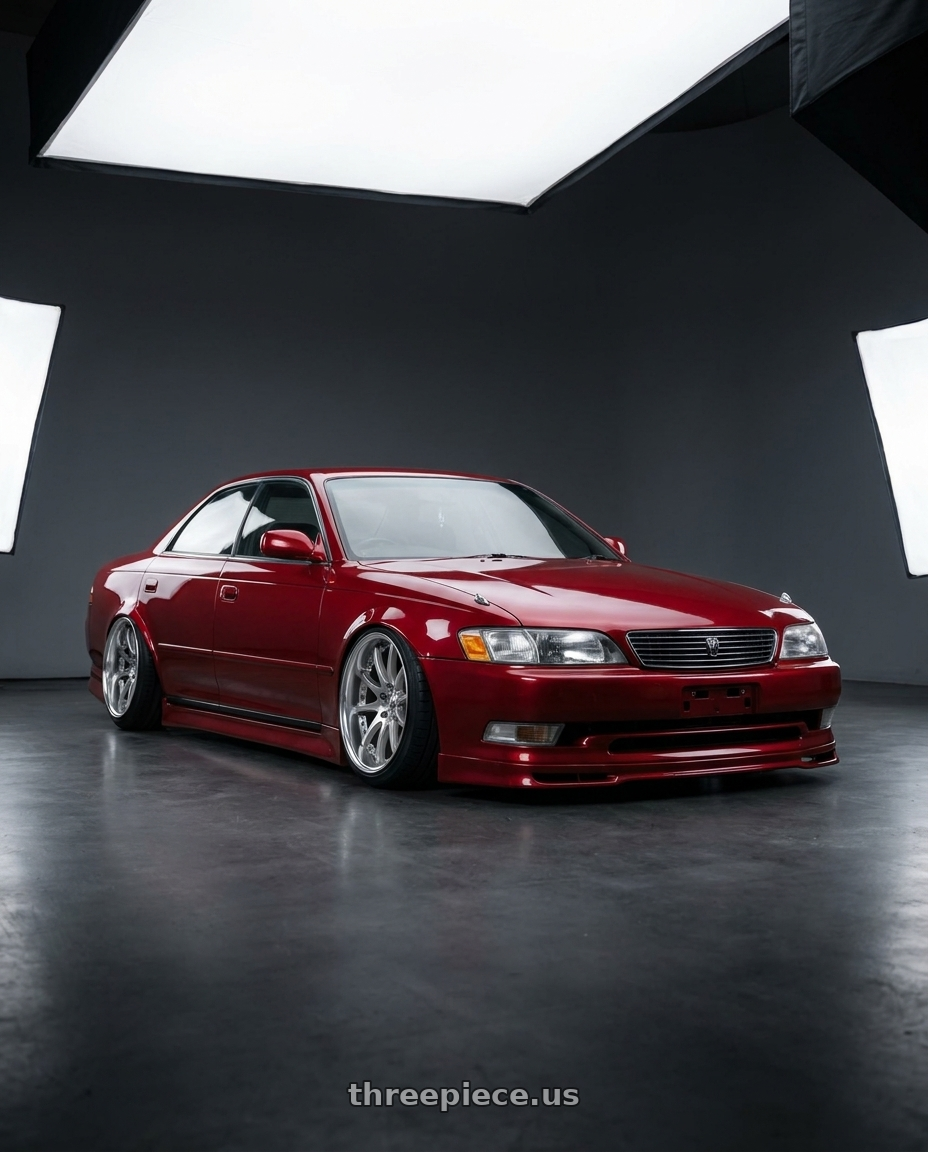 1994 Toyota Mark II tourer with Work Schwert Quell 5x114.3 19x9+22 A Disk Silky Rich Silver wheels