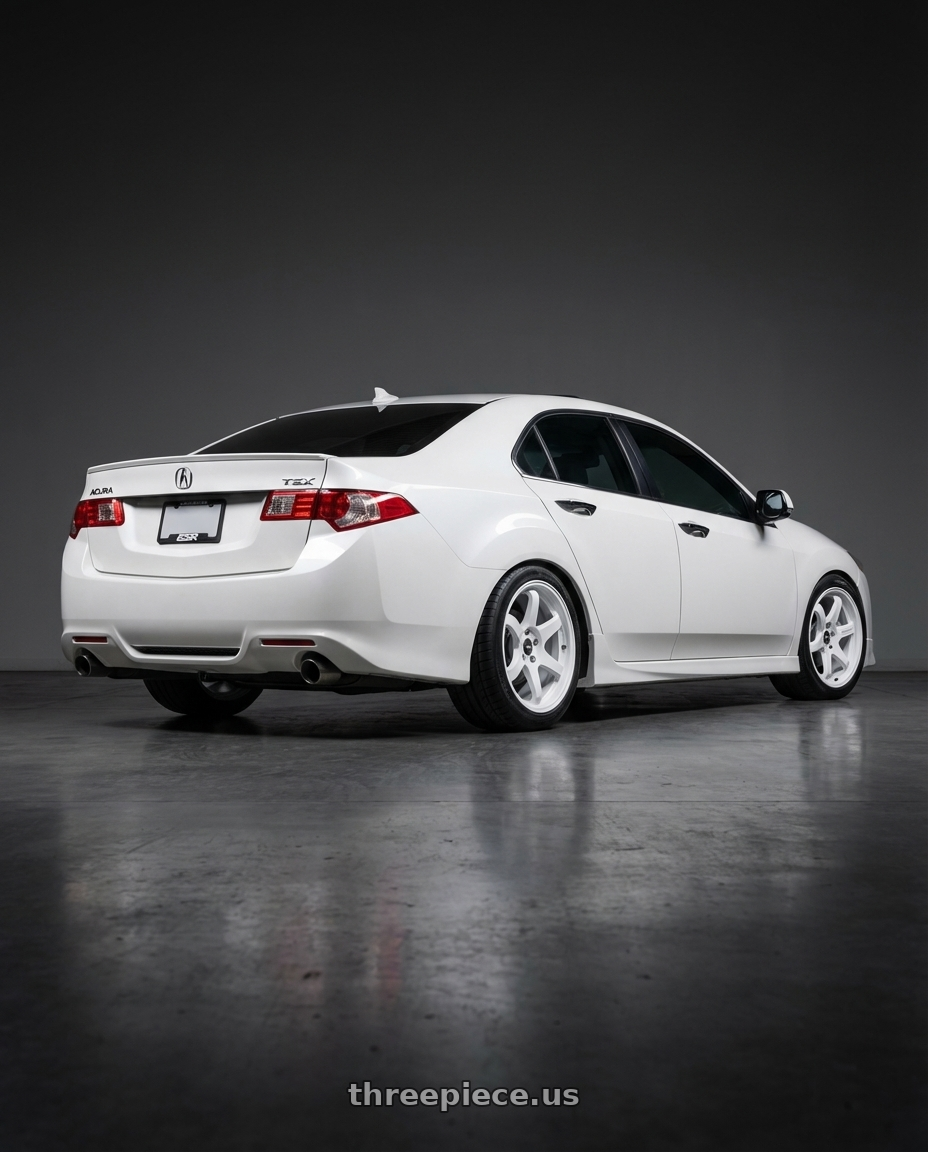 2013 Acura TSX with ESR Wheels APEX SERIES APX6 5x114.3 18x9.5 +22 Gloss White wheels rear three quarter view square tires