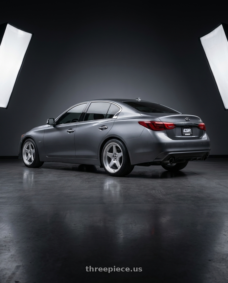 2022 Infiniti Q50 with ESR Wheels CR SERIES CR5 5x120.65 18x9.5 +35 Hyper Silver wheels rear three quarter view square tires