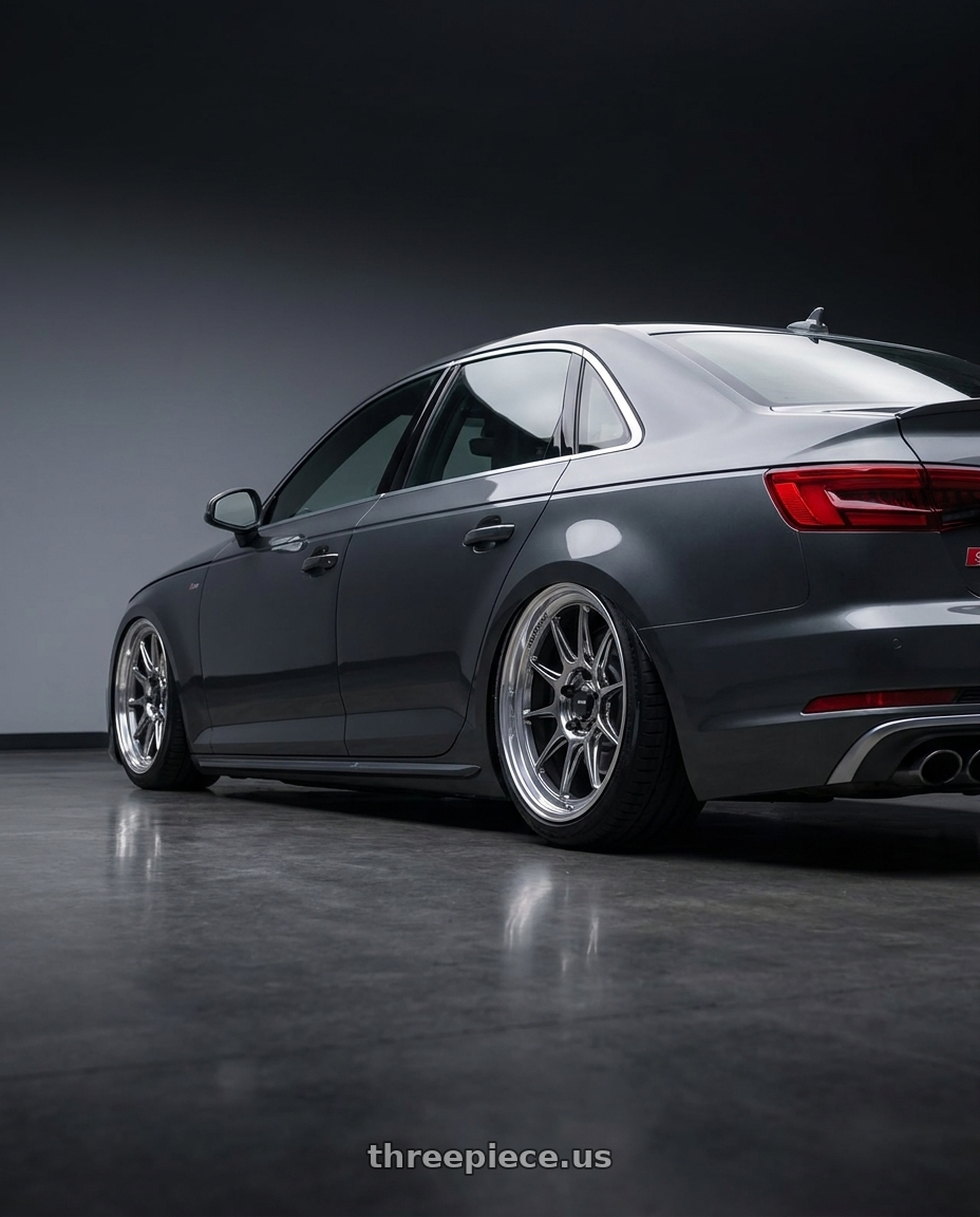 2023 Audi S4 B9 with Konig Countergram 5x112 19x11+40 Hyper Chrome / Machined Lip wheels rear three quarter view slight stretch tires