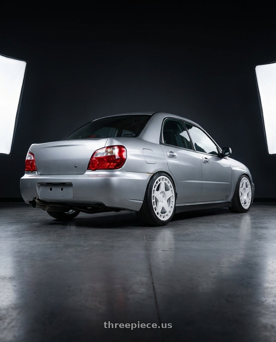2004 Subaru wrx  with fifteen52 TURBOMAC 5x100 17x7.5 +30 RALLY WHITE (GLOSS WHITE) wheels rear three quarter view slight stretch tires