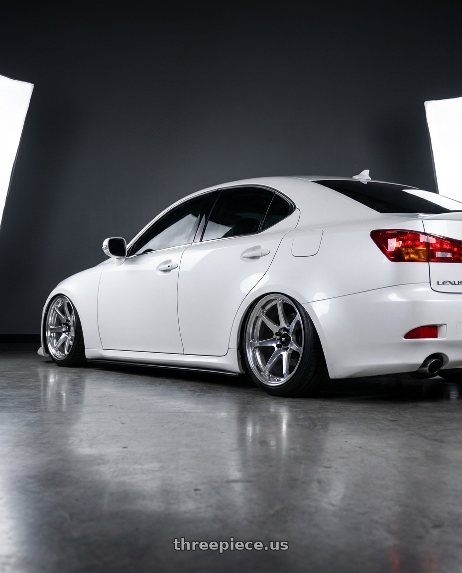 2011 Lexus Is250 White with Motegi BATTLE 5x114.3 18x9.5 +30 Polished wheels rear three quarter view slight stretch tires