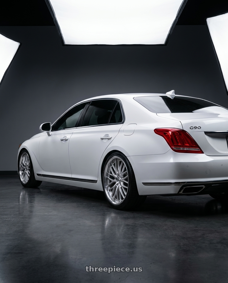 2018 genesis g90 with MRR GT1 5x114.3 20x8.5  +35 Hyper Silver Machine Lip wheels rear three quarter view square tires