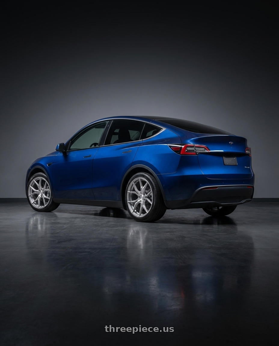 2023 Tesla Model Y with Rohana RFX5 5x112 19x8.5+25 Brushed Titanium wheels rear three quarter view square tires