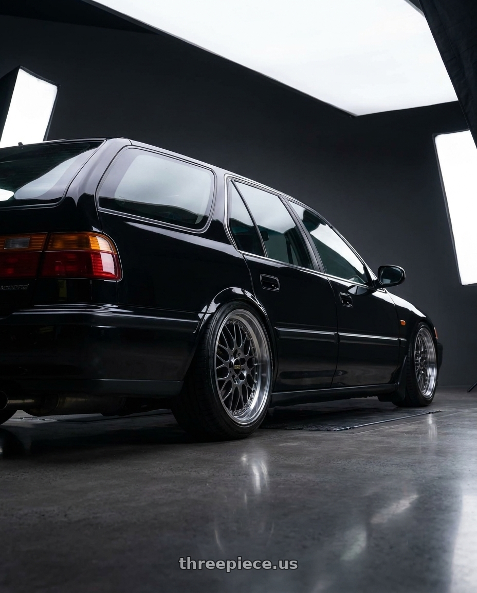 1992 honda accord wagon with BBS RG-R 5x100 17x7.5 +35 Diamond Black wheels rear three quarter view square tires