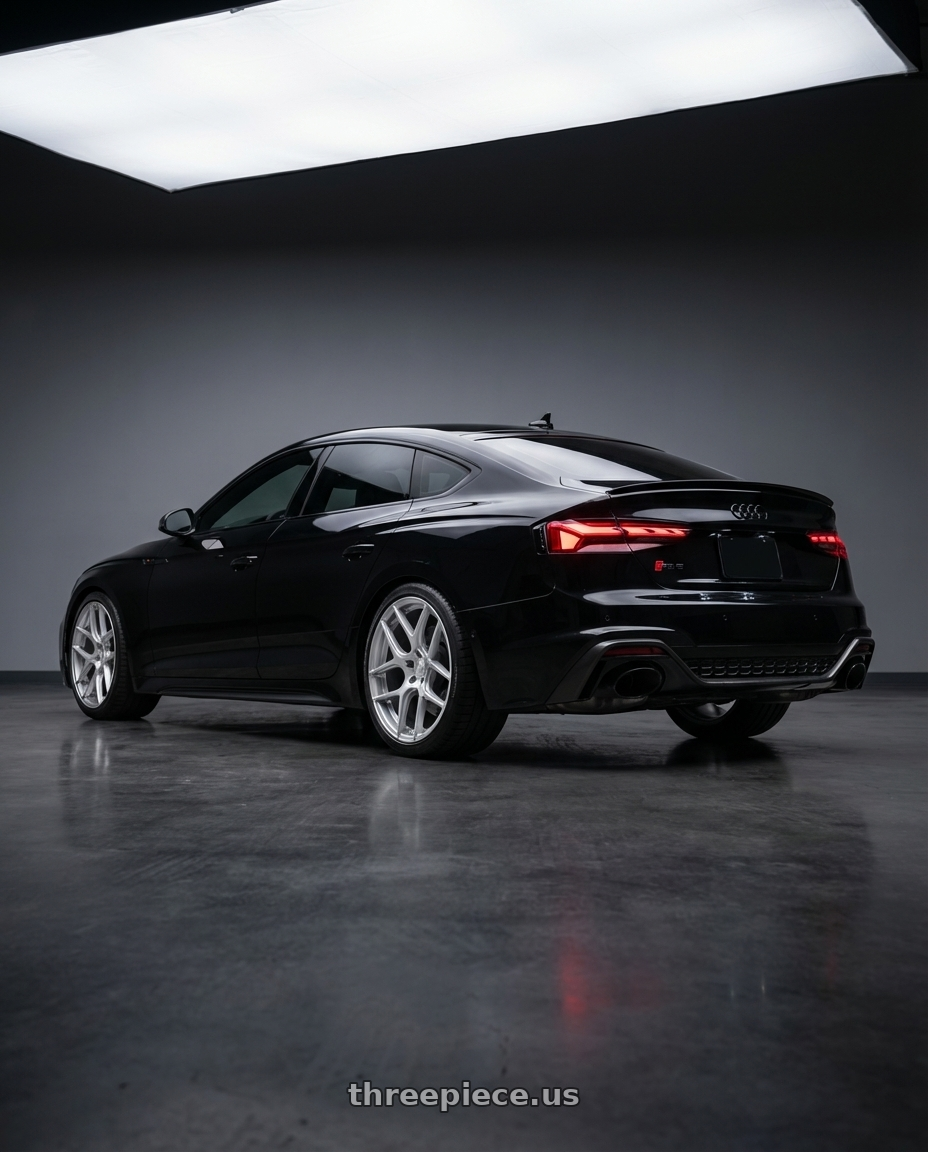 2022 Audi RS5 with Aodhan AFF2 5x112 20x9+30 Gloss Silver Machined Face wheels rear three quarter view square tires