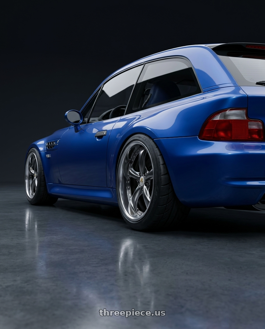 2002 bmw Z3M with Work Wheels VS-KF 5X114.3 19x7.5-4 Brilliant Silver Black A Disk FULL REVERSE wheels rear three quarter view meaty tires