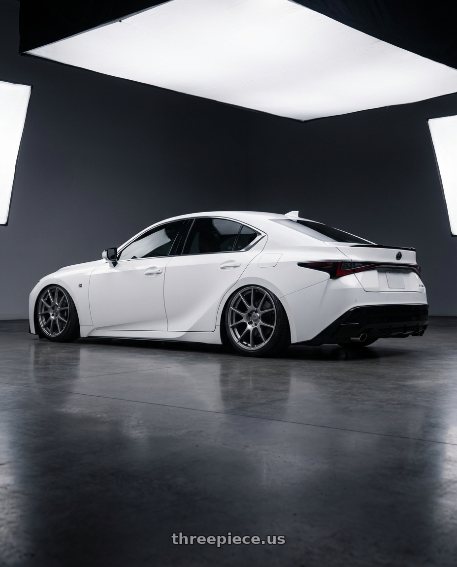 2024 Lexus IS 350 with Ssr Gtv04 5x114.3 19×8.5x8.5+38  METALLIC GRAY wheels rear three quarter view slight stretch tires