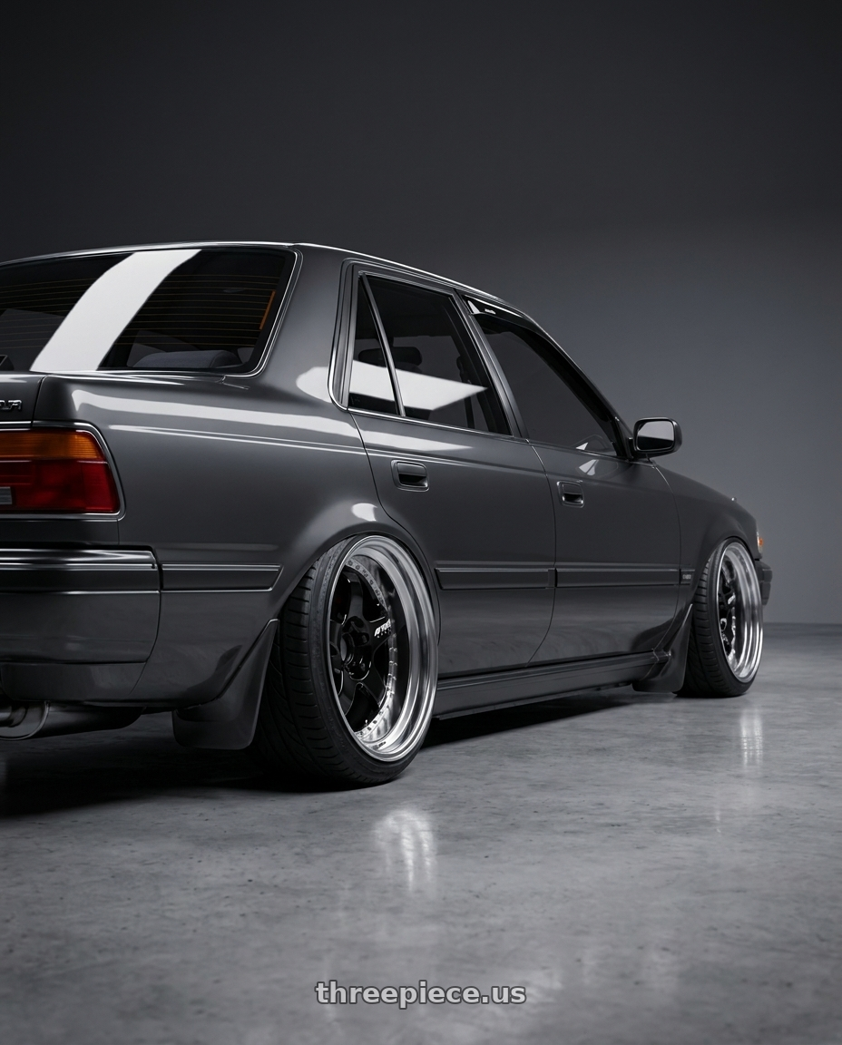 1993 toyota corona 灰色 with Work Meister S1 3P 5x100 18x7+48 A Disk Black wheels rear three quarter view extreme stretch tires