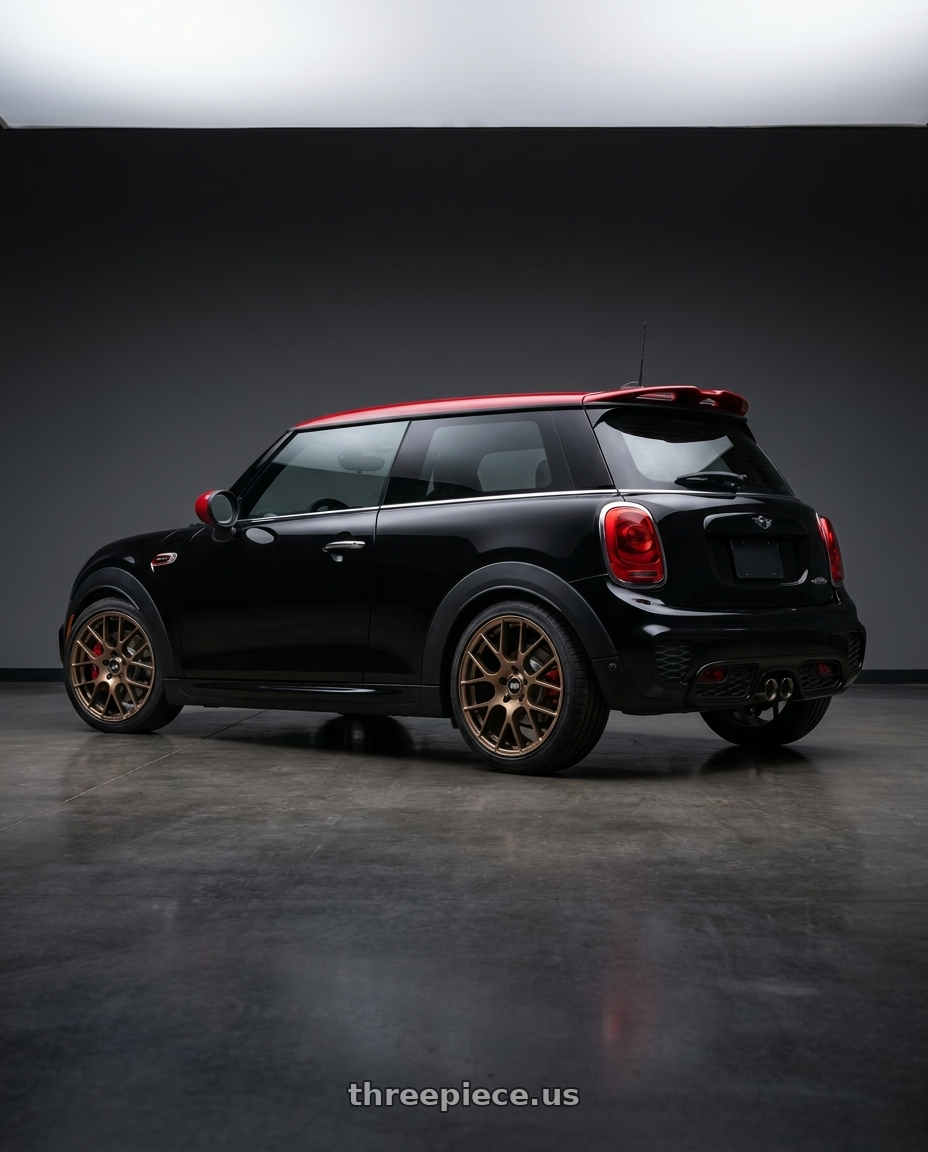 2017 mini John cooper works with Enkei Raijin 5x112 18x8+45 Bronze wheels rear three quarter view square tires