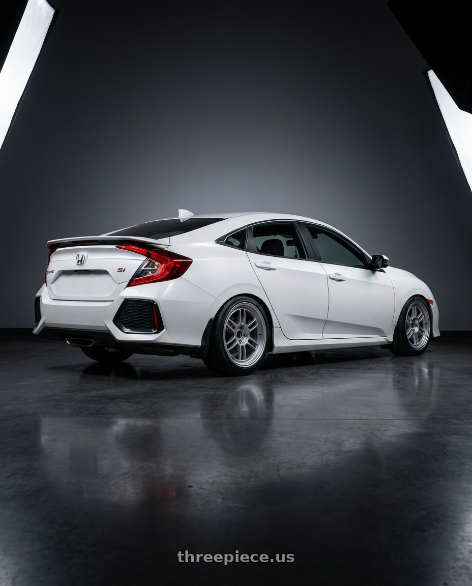 2019 honda CIVIC SI with Enkei RPF1RS 5x114.3 18x9.5+12 Silver wheels rear three quarter view slight stretch tires