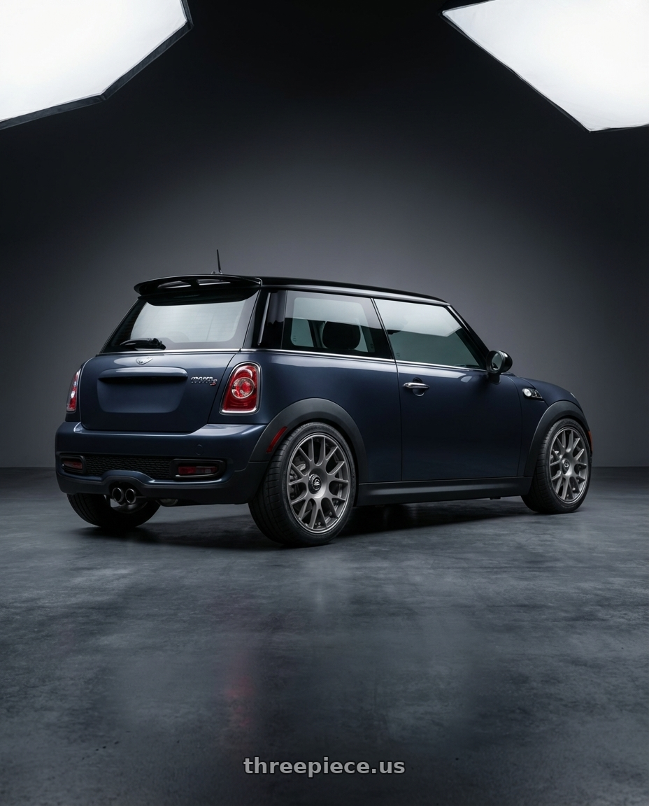 2010 Mini Cooper S R56 with fifteen52 APEX 4x100 / 4x108 17x7.5 +42 FROSTED GRAPHITE (SATIN GREY) wheels rear three quarter view square tires