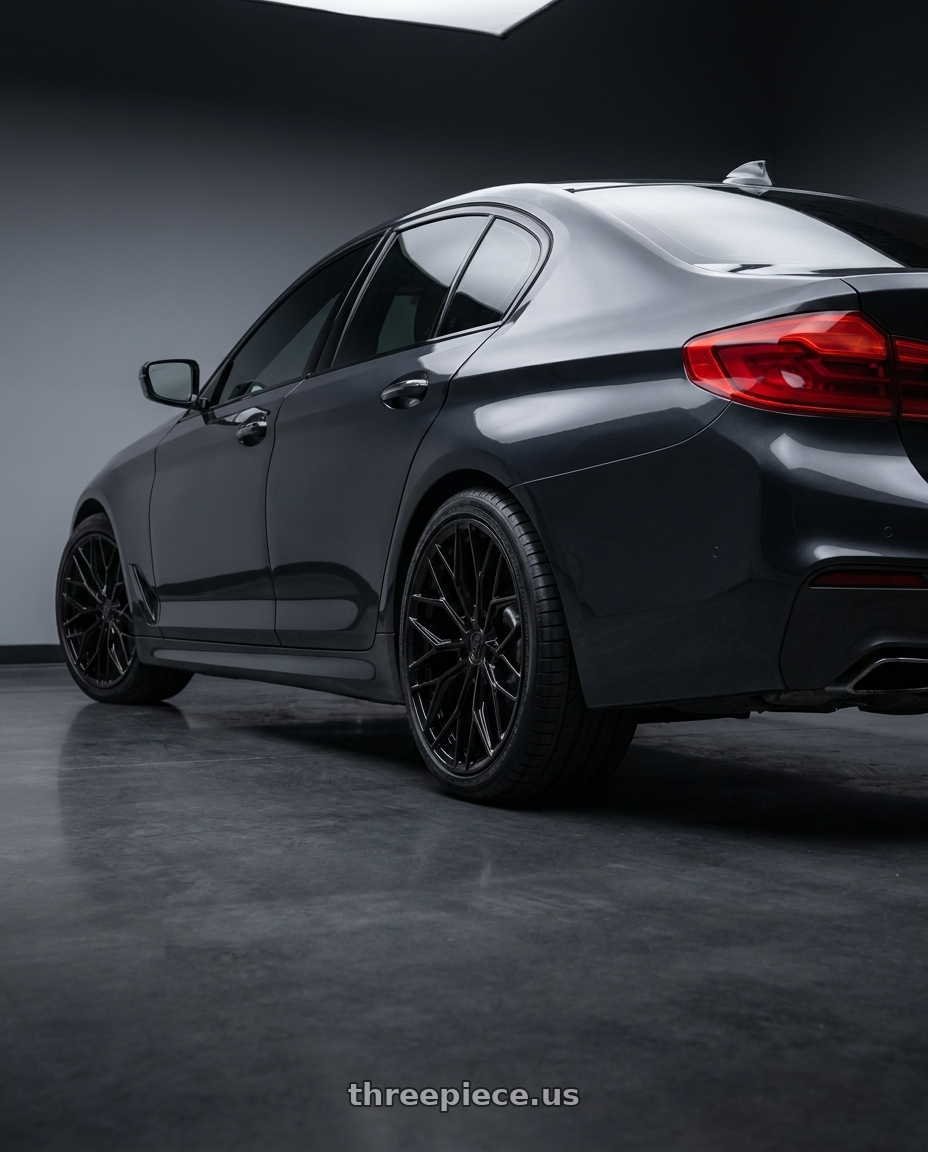 2018 bmw 530 i with DOLCE PERFORMANCE MAGARI 5x112 19x8.5 +28 Gloss Black wheels rear three quarter view square tires