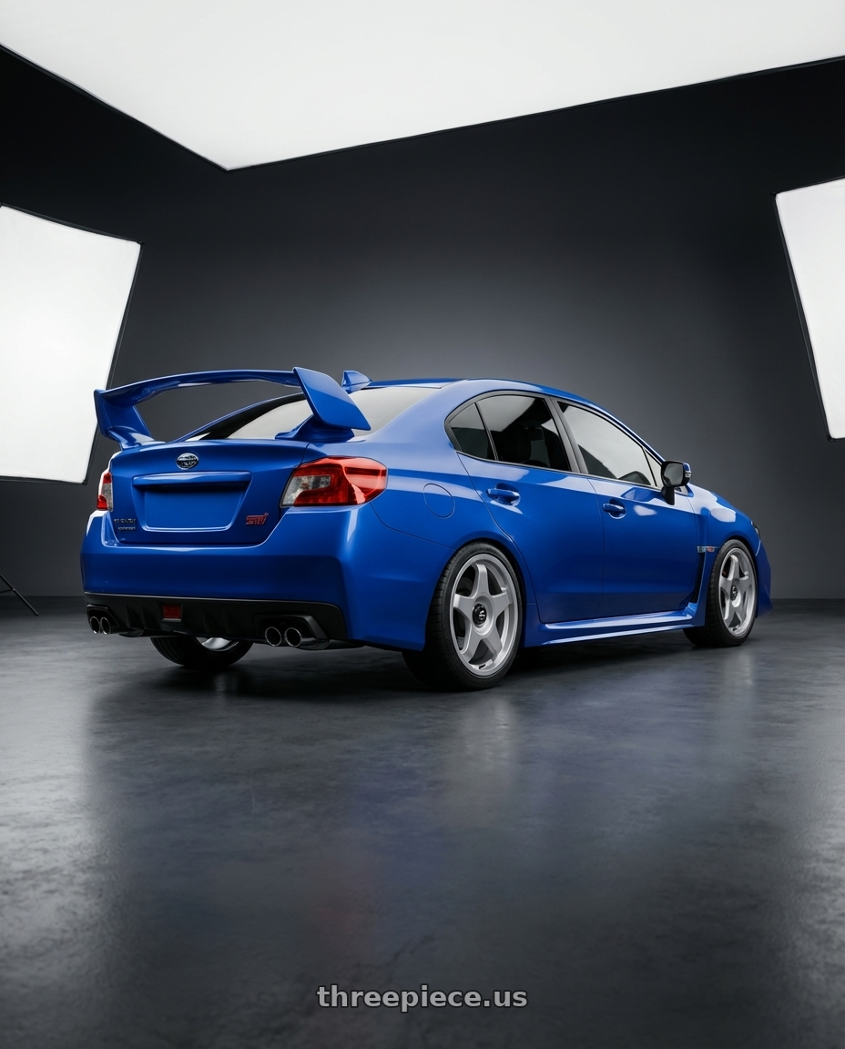 2013 Subaru WRX STI with fifteen52 CHICANE 5x114.3 / 5x100 18x8.5 +35 SPEED SILVER (GLOSS SILVER) wheels rear three quarter view square tires