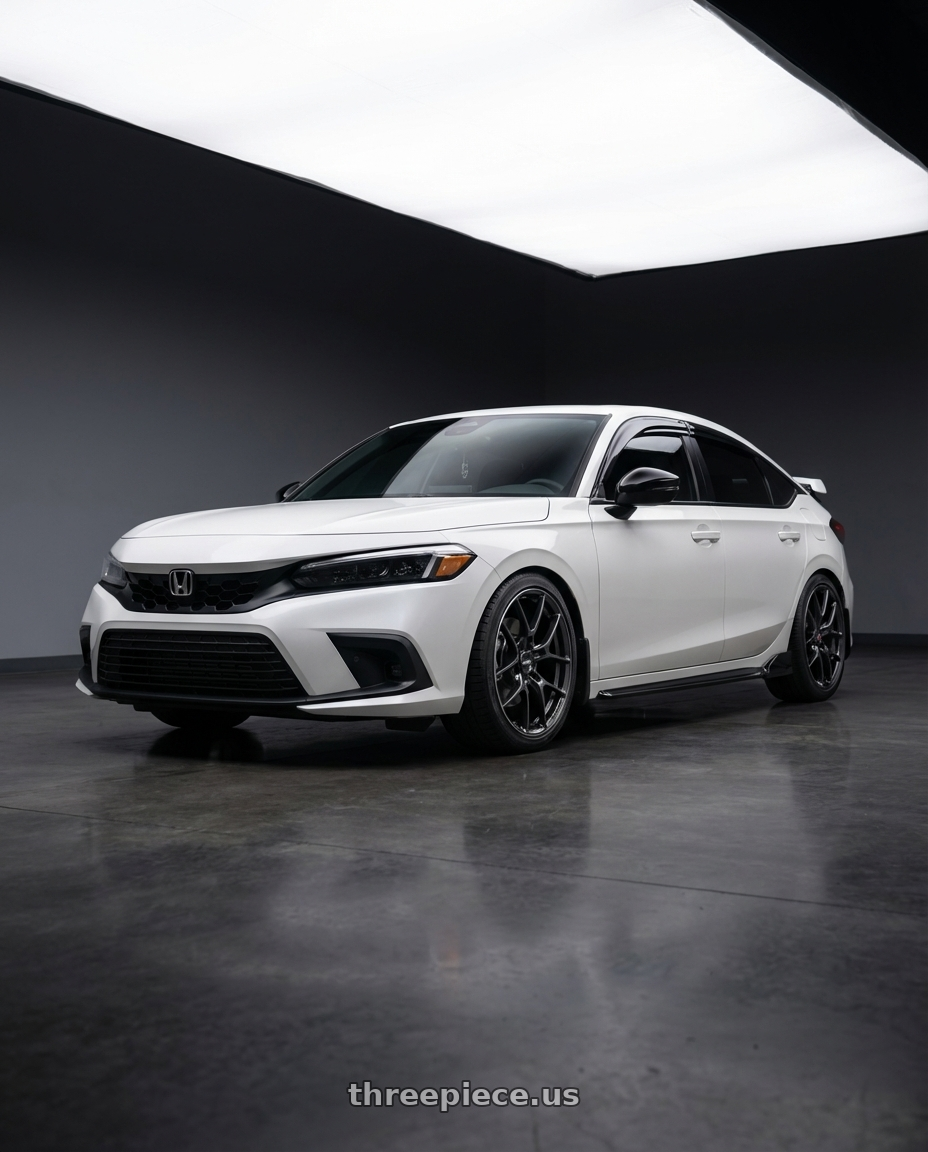 2024 Honda Civic Hatchback Sports Touring with Volk Racing G025 5x114.3 18x8.0+35 Shining Black Metal / Rim Edge DC wheels front three quarter view lowered stance