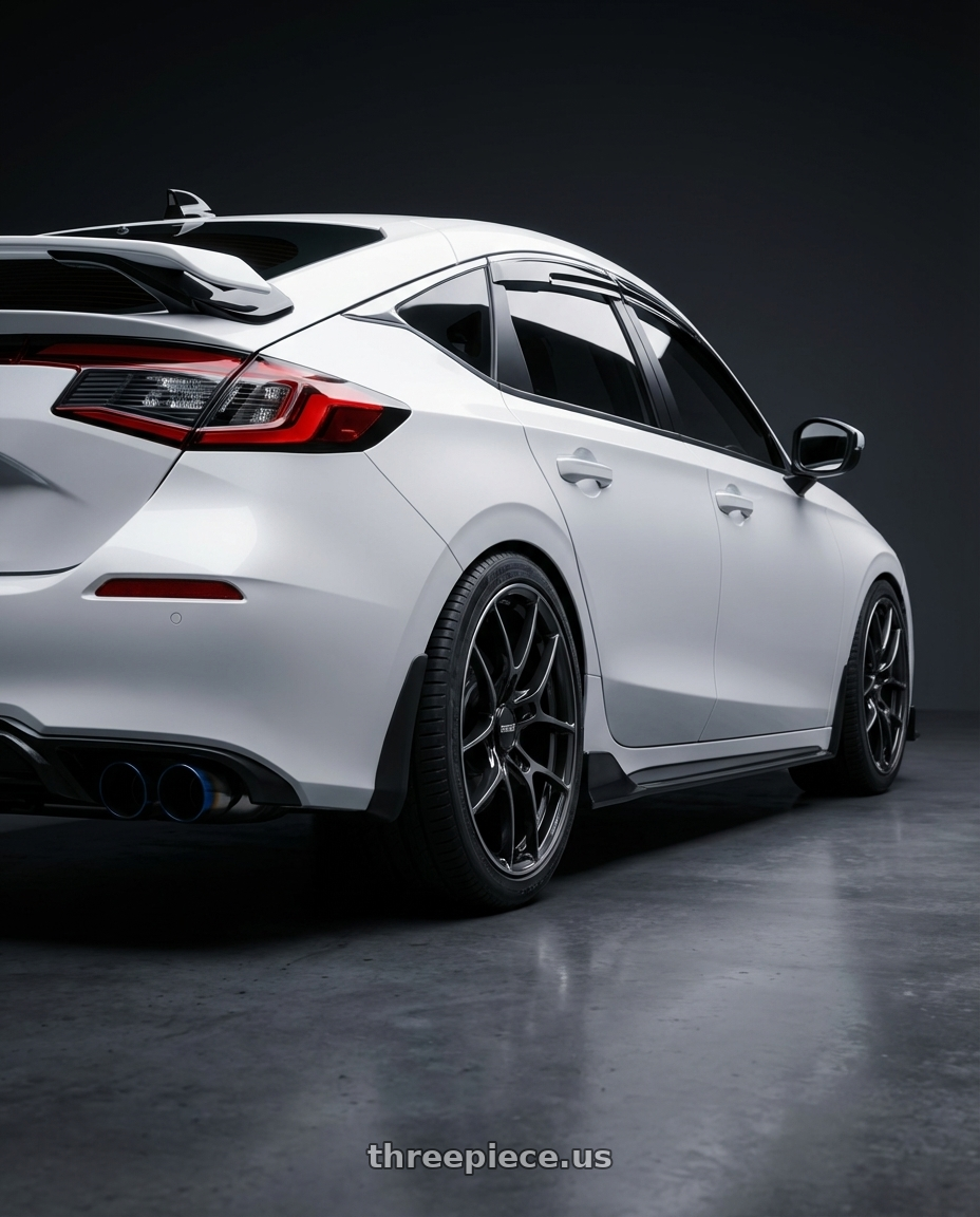 2024 Honda Civic Hatchback Sports Touring with Volk Racing G025 5x114.3 18x8.0+35 Shining Black Metal / Rim Edge DC wheels rear three quarter view square tires