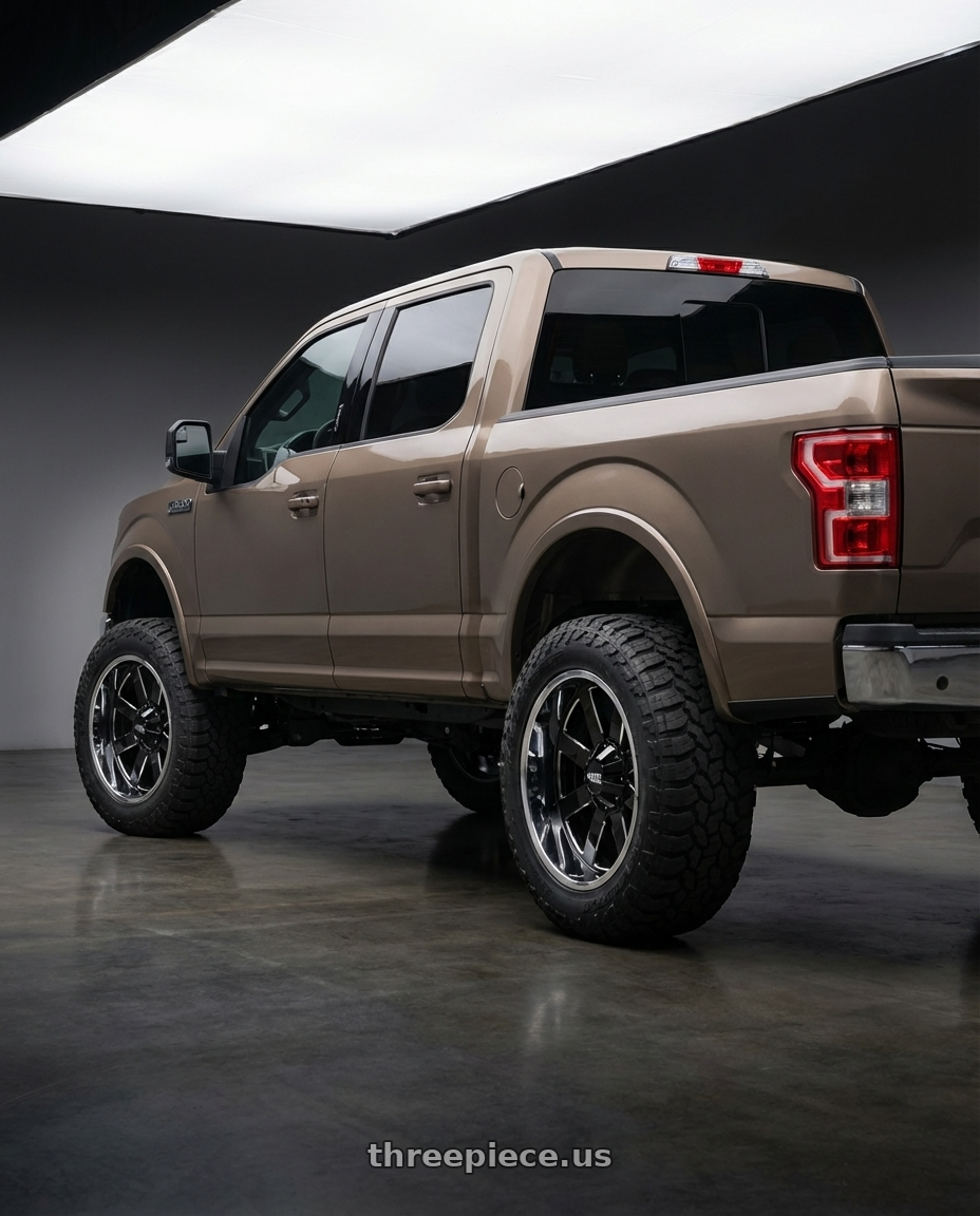 2019 Ford F-150 with Moto Metal MO200 6X135 22X10 -18 GLOSS BLACK MILLED CENTER CHROME LIP wheels rear three quarter view meaty tires