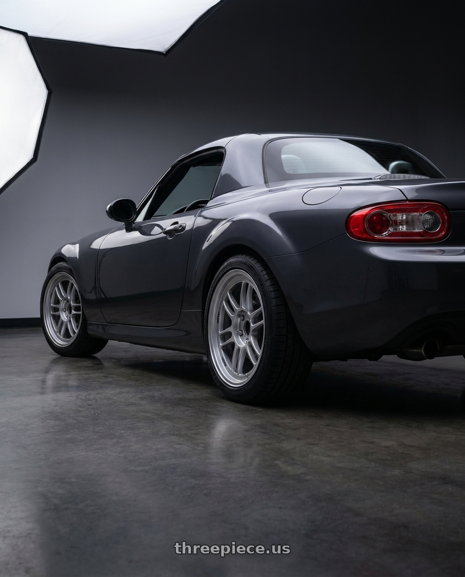 2014 Mazda MX-5 with Enkei RPF1 5x114.3 17x8+45 Silver wheels rear three quarter view square tires