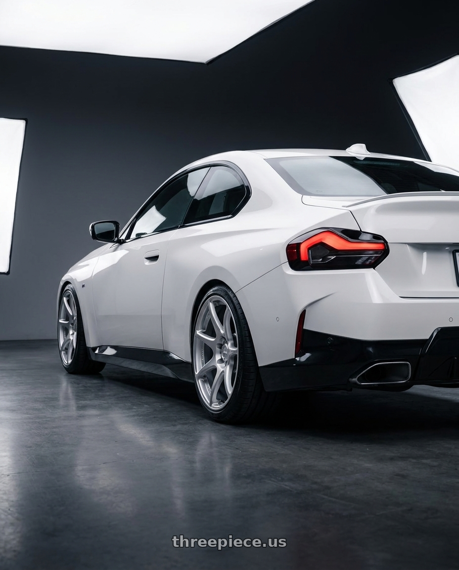 2024 BMW 2 Series G42 with Kansei K11S Tandem 5X112 19x9.5 22 Hyper Silver wheels rear three quarter view square tires