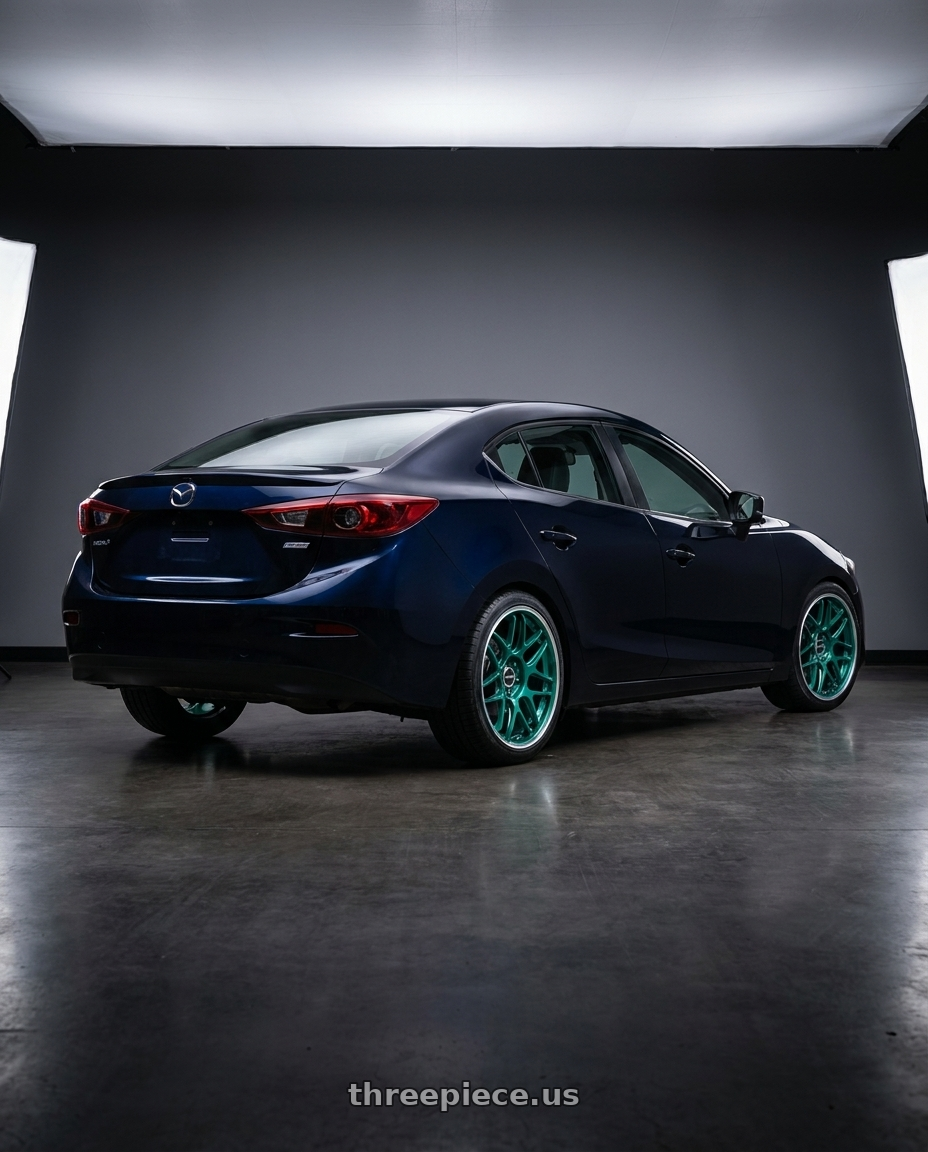 2017 mazda 3 sedan with Motegi MR158 TSUBAKI 5X114.3 18x10.5 +25 HOKKAIDO GREEN W/ MACHINED LIP wheels rear three quarter view square tires