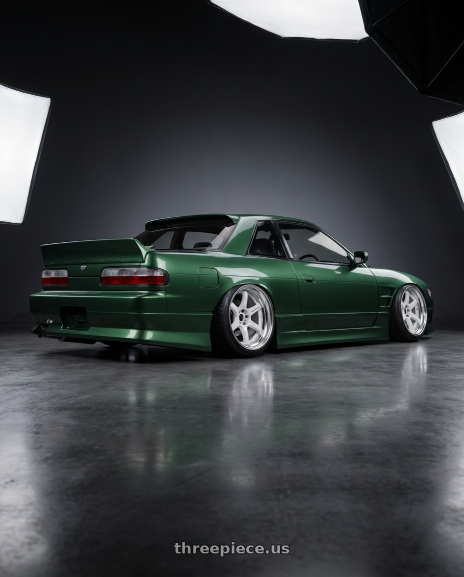 1989 Nissan Silvia with Work T7r 2P 5x100 18x10.0 +12 WHITE wheels rear three quarter view extreme stretch tires